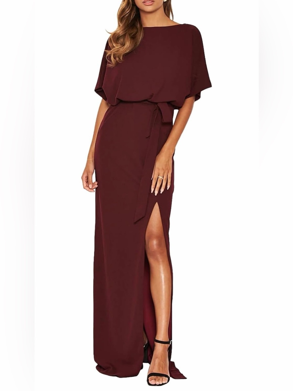 Formal Dress Batwing Sleeve Waist Belted High Slit Long Maxi Party Dress Small